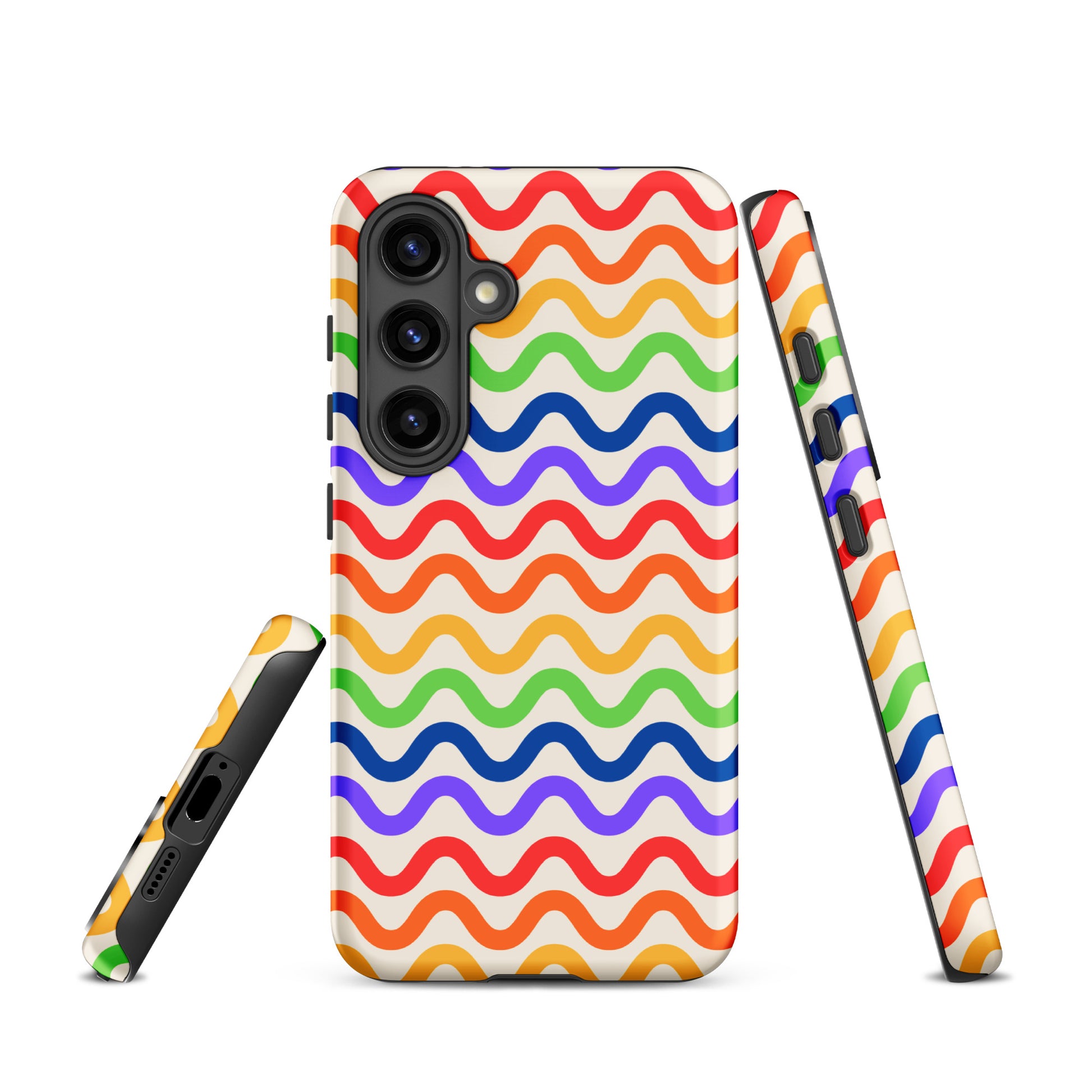 Phone Case for Samsung Galaxy featuring wavy rainbow pattern with vibrant purple, red, orange, yellow, green, and blue waves on white.