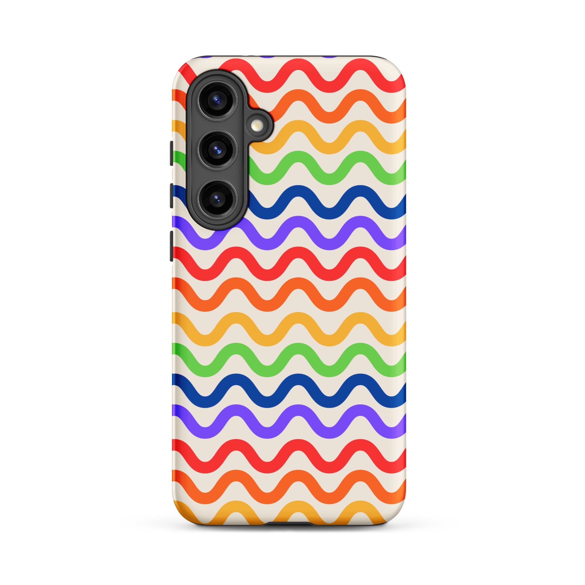 Phone Case for Samsung Galaxy with wavy rainbow groove pattern, featuring vibrant colors on a soft white backdrop for lively protection.