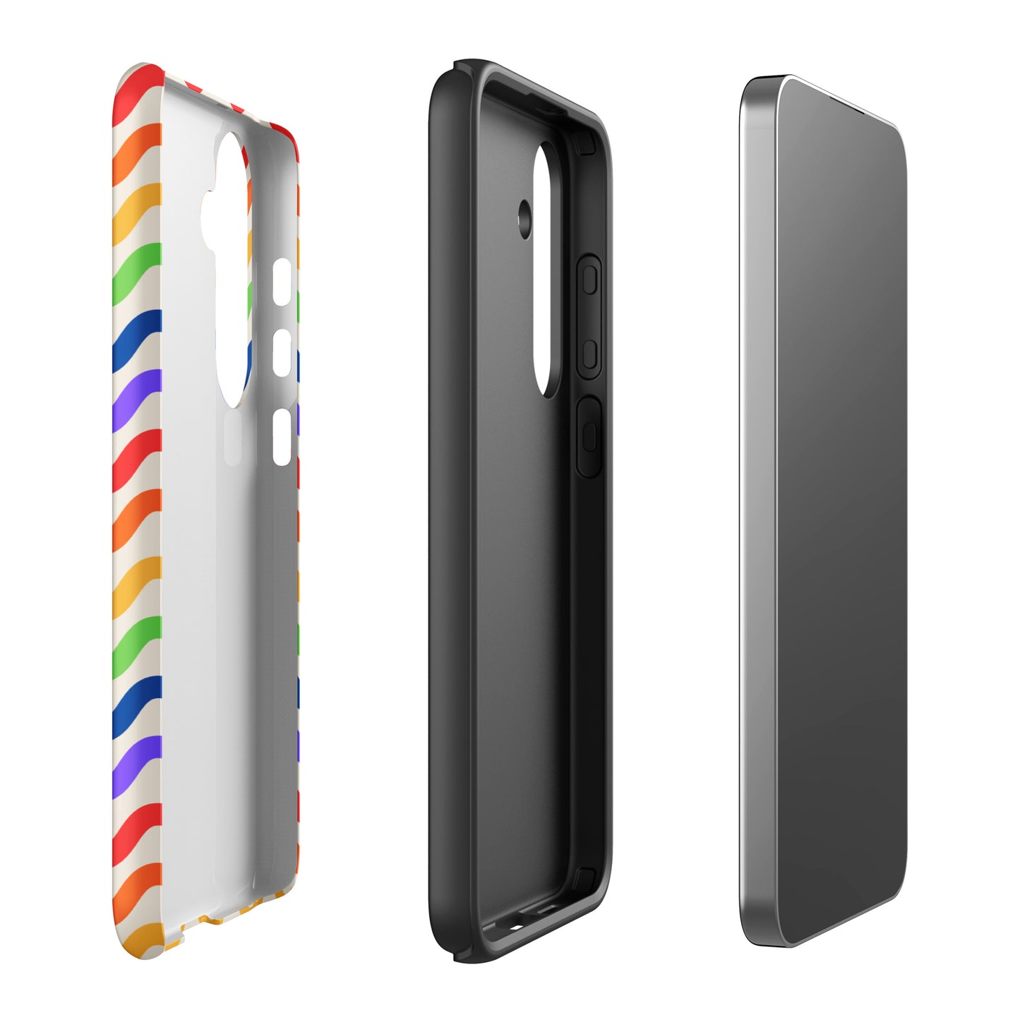 Phone Case for Samsung Galaxy with wavy rainbow pattern, displaying separate layers for visual style and protective functionality.