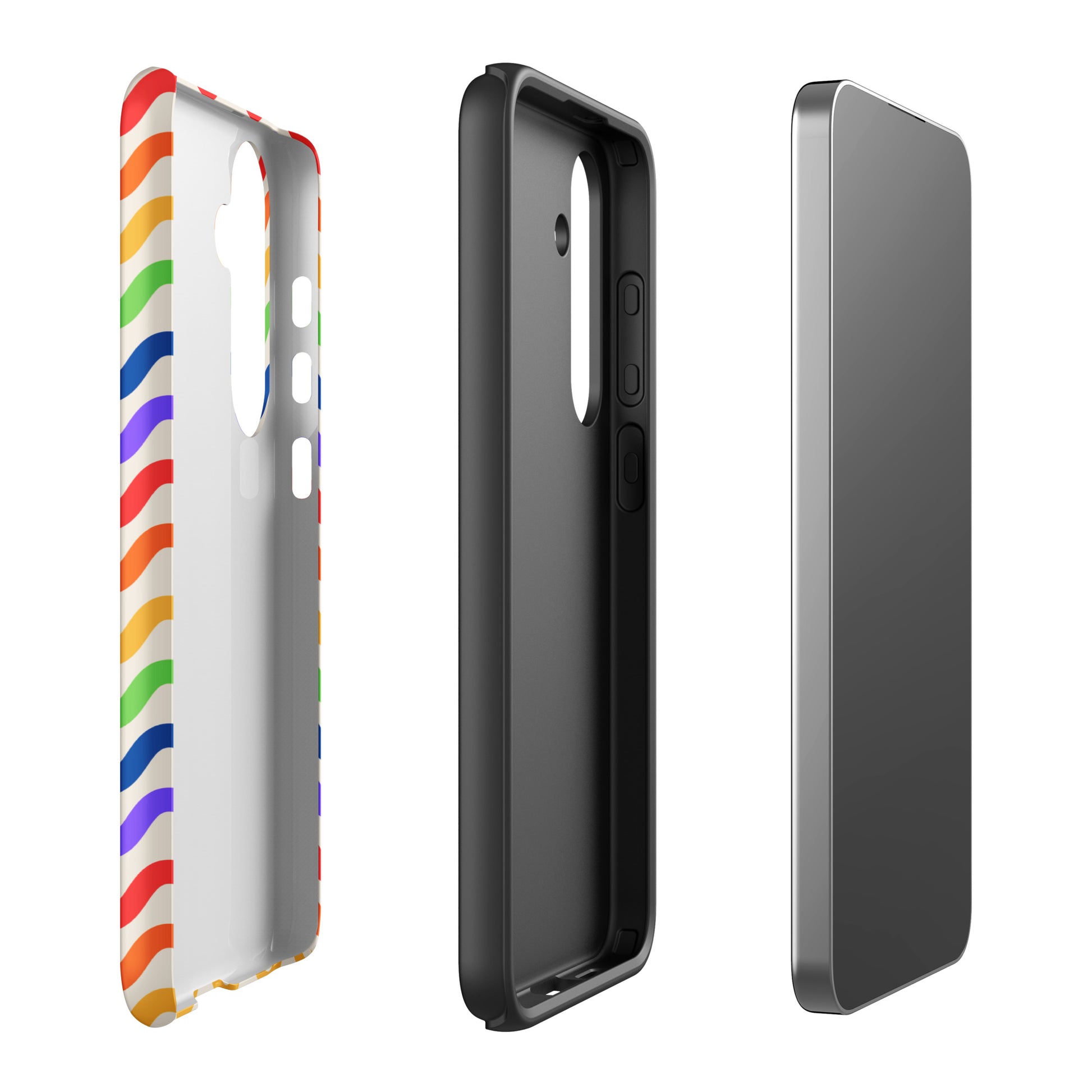 Phone Case for Samsung Galaxy with wavy rainbow pattern, displaying separate layers for visual style and protective functionality.