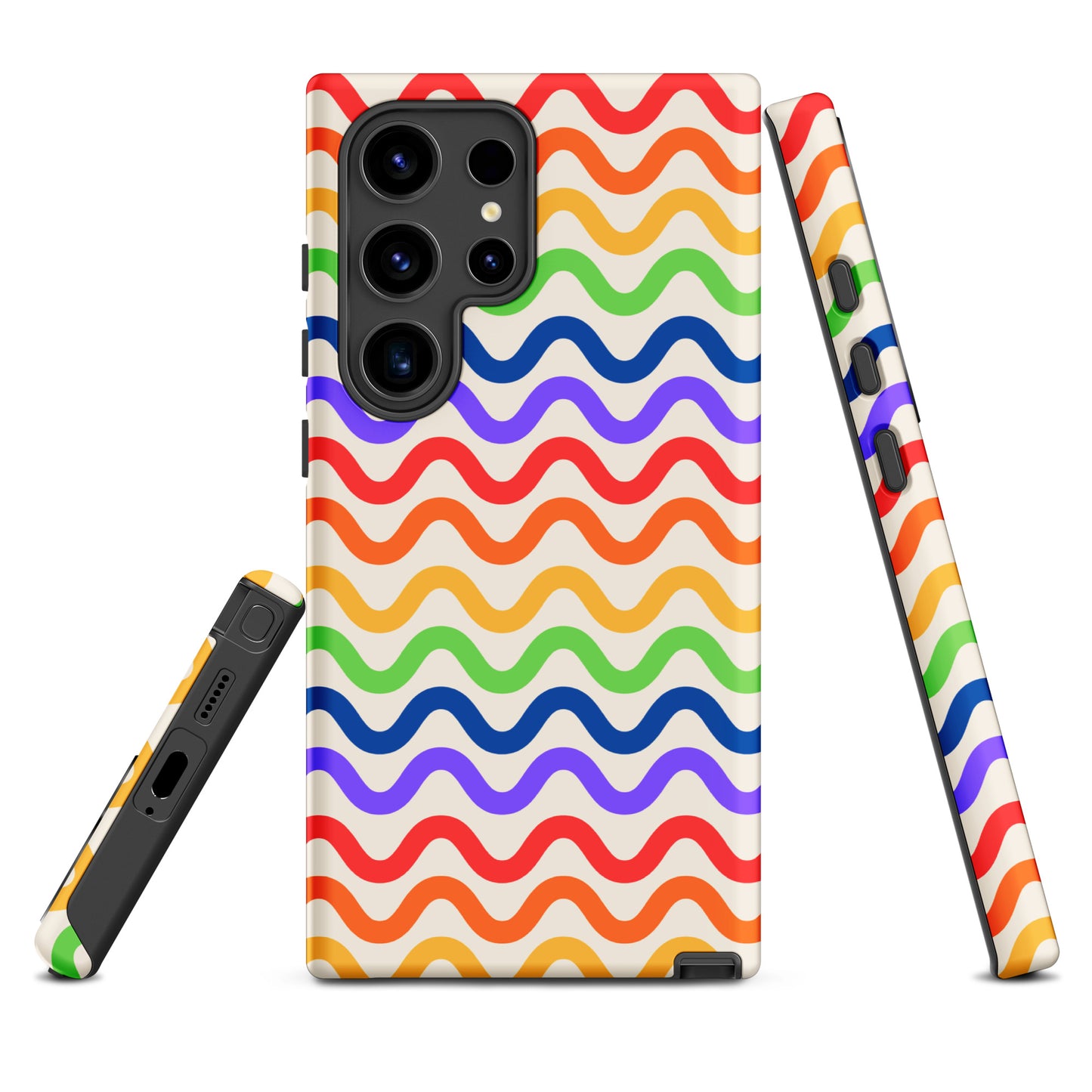 Colorful wavy rainbow groove Phone Case for Samsung Galaxy, showcasing vibrant stripes on a white backdrop, offering both style and protection.