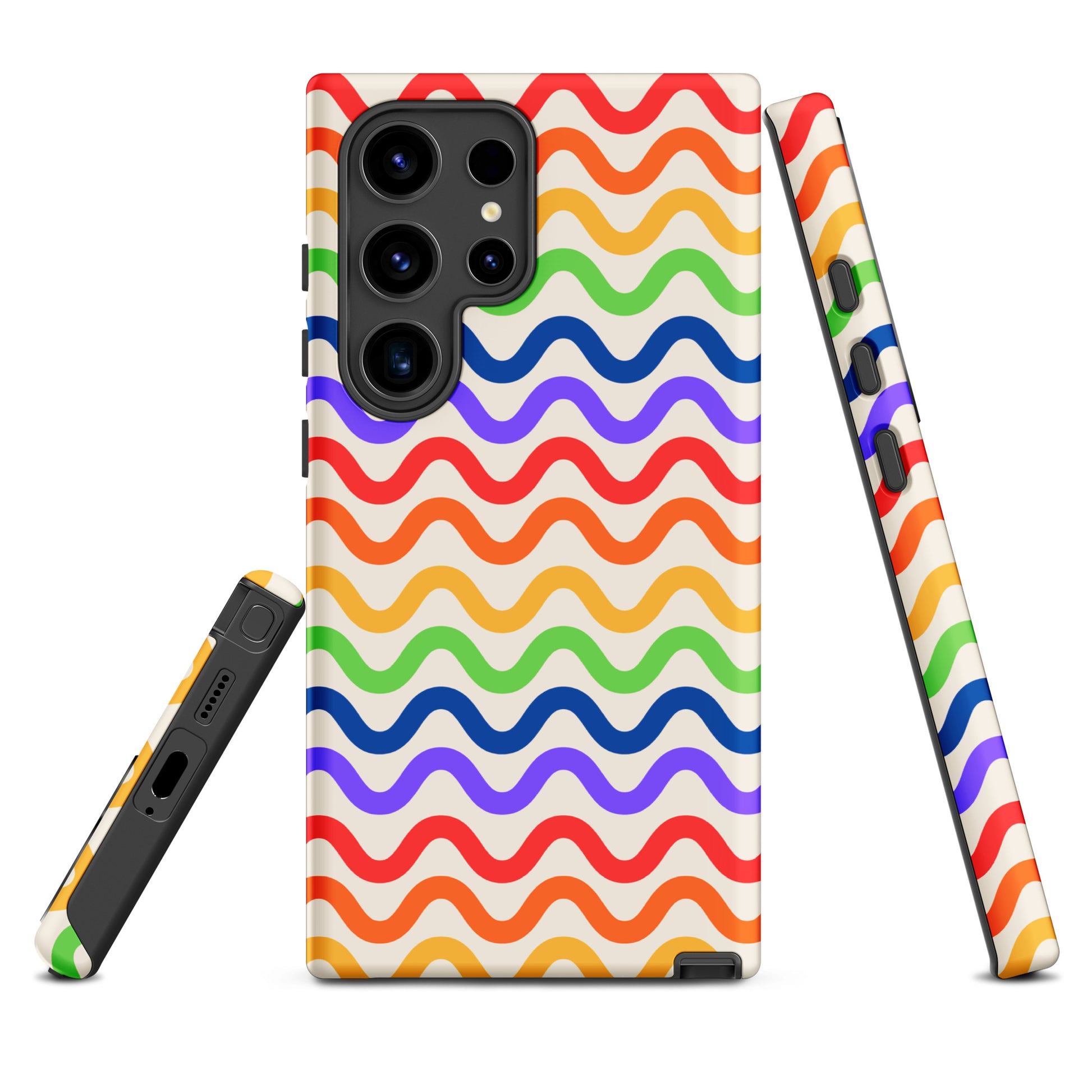 Colorful wavy rainbow groove Phone Case for Samsung Galaxy, showcasing vibrant stripes on a white backdrop, offering both style and protection.