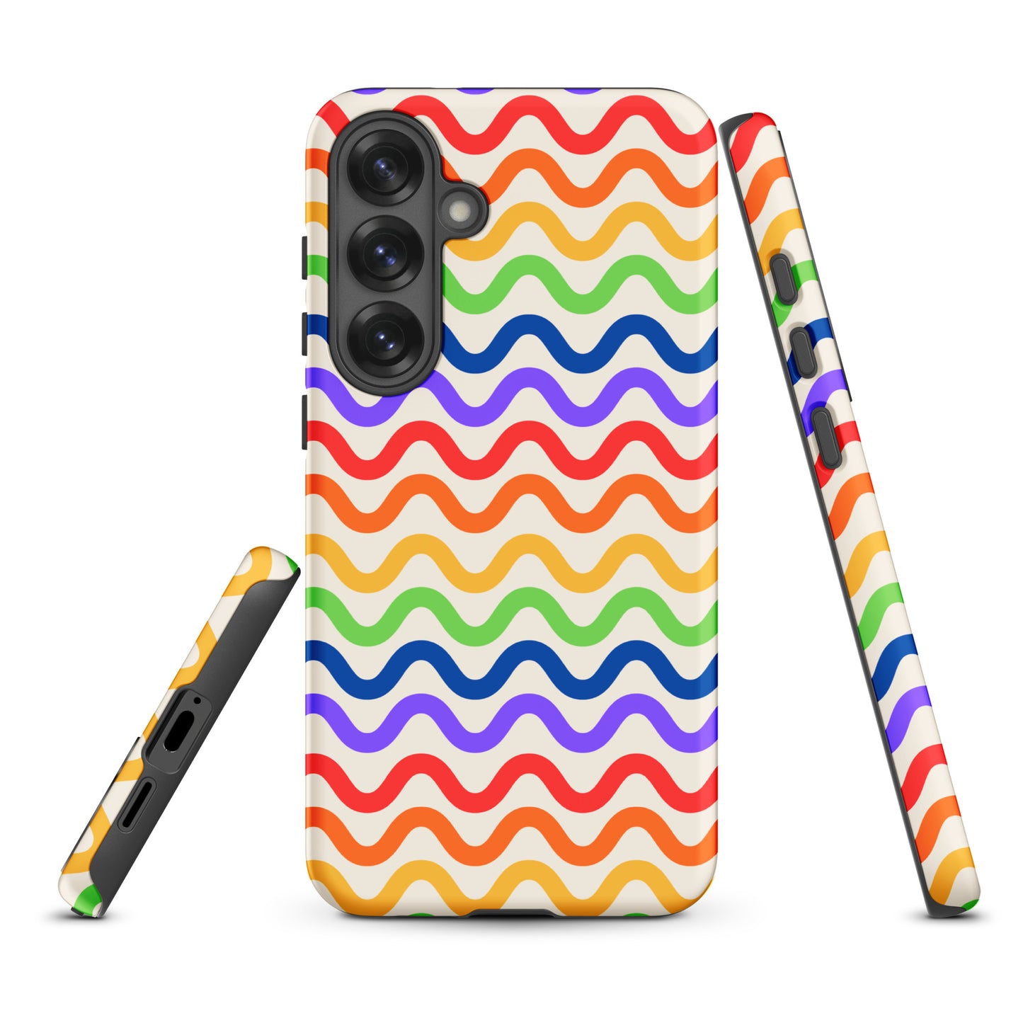 Phone Case with wavy rainbow groove pattern for Samsung Galaxy, featuring purple, red, orange, yellow, green, and blue lines on white.