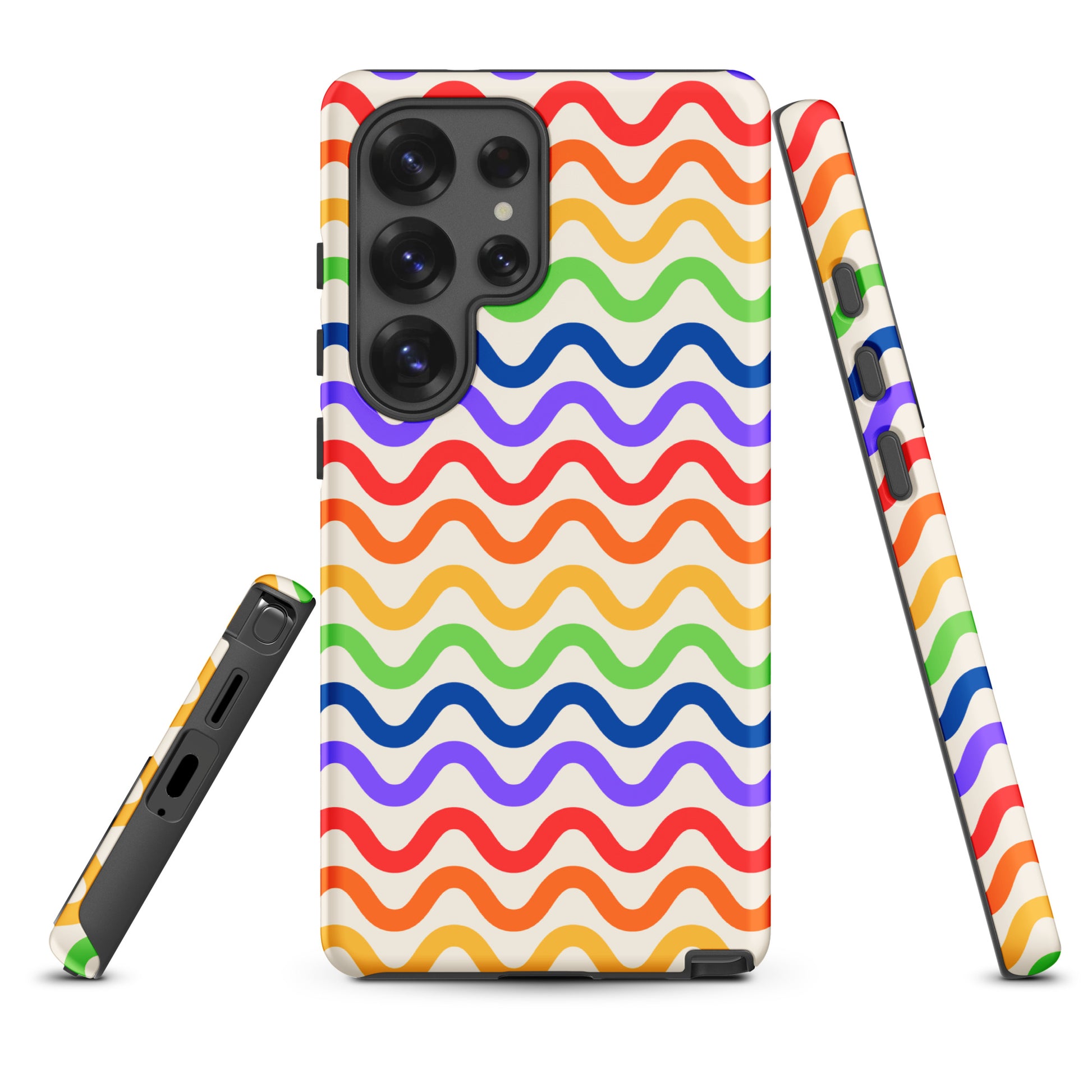 Wavy Rainbow Groove Phone Case for Samsung Galaxy with vibrant colors on soft white backdrop, providing stylish and protective design.