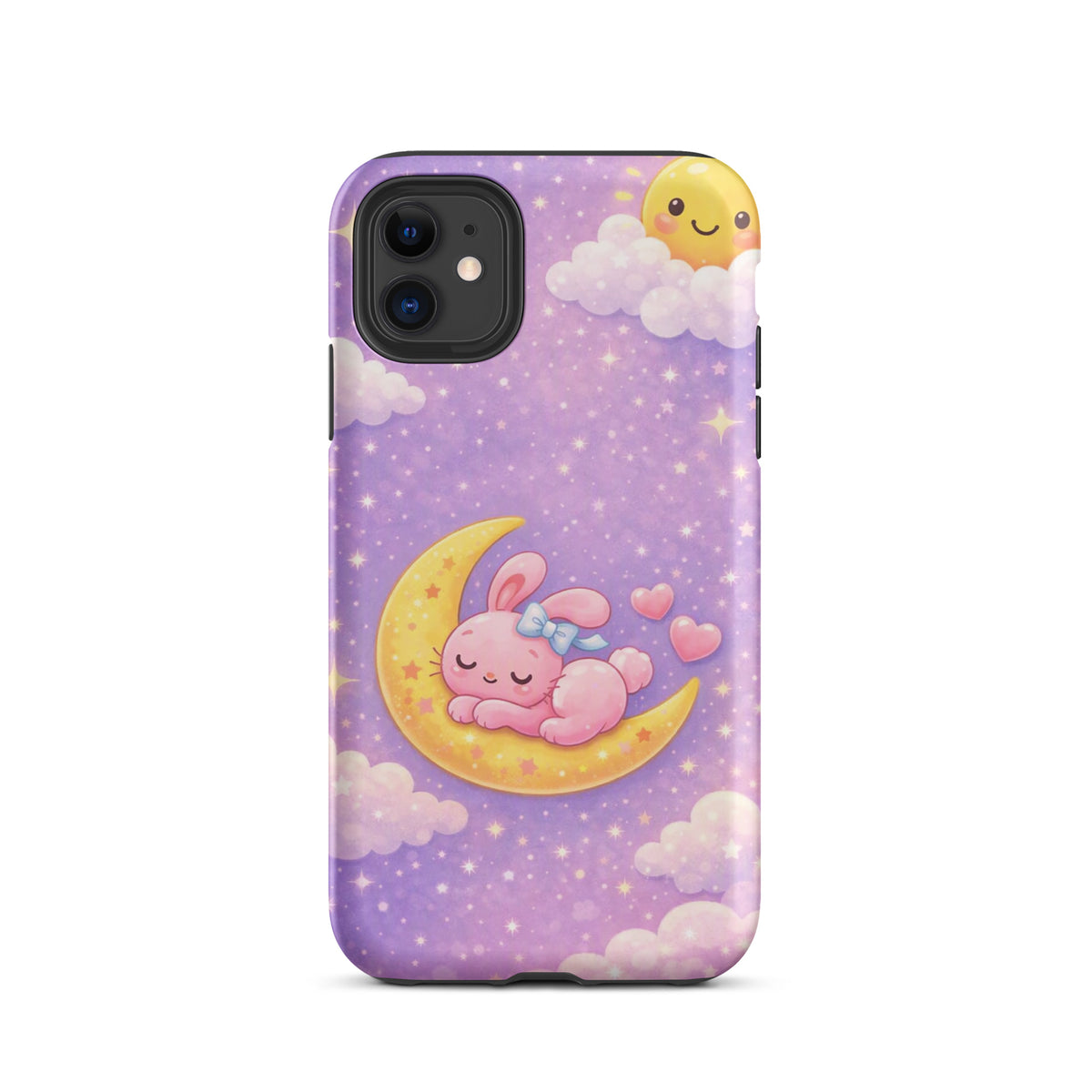 Phone Case for iPhone featuring a cozy bunny sleeping on a crescent moon with stars in a dreamy sky design.
