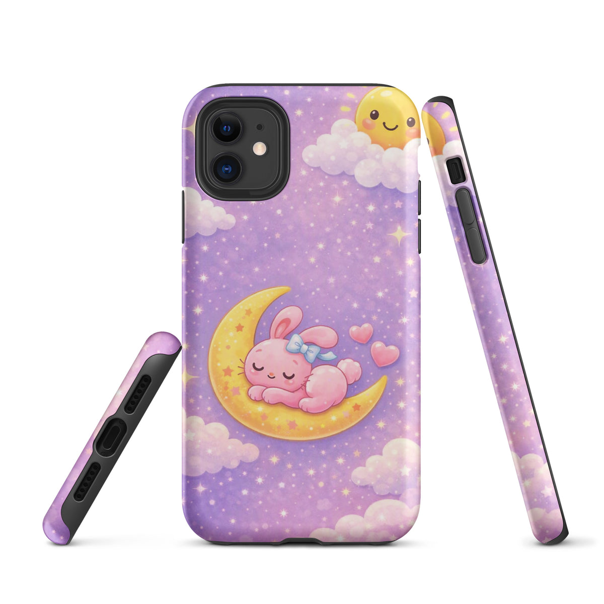 Phone Case for iPhone with cozy bunny moon and stars design on pastel sky background.