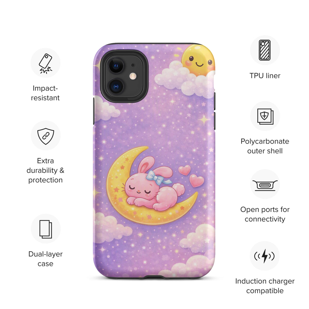 Phone Case for iPhone with cute cozy bunny sleeping on a crescent moon surrounded by stars, dreamy protective design.