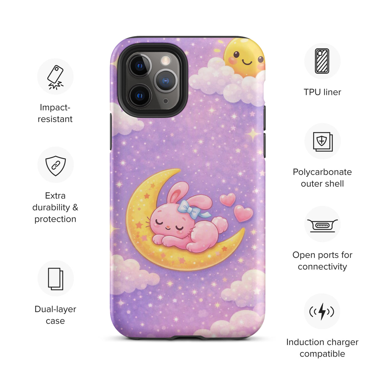 Phone Case for iPhone with cozy bunny sleeping on a crescent moon, surrounded by stars, offering charm and protection.