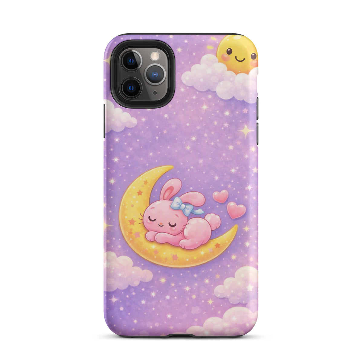 Phone Case for iPhone with cute pink bunny on crescent moon design, surrounded by stars and clouds in a dreamy, celestial theme.