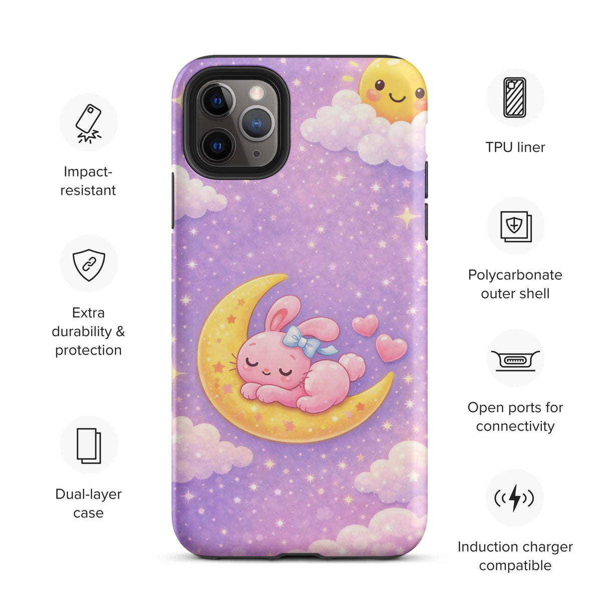 Phone Case with dreamy bunny moon design for iPhone, featuring a pink bunny on a crescent moon amid twinkling stars against a pastel sky.