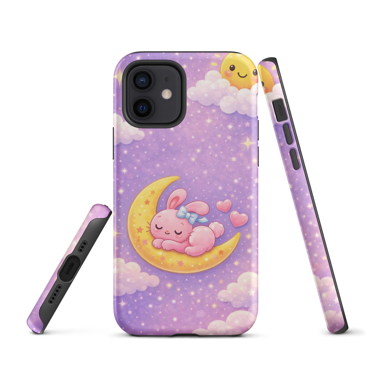 Phone Case for iPhone with dreamy bunny on a crescent moon design, featuring pastel sky and stars for a cute, cozy look.