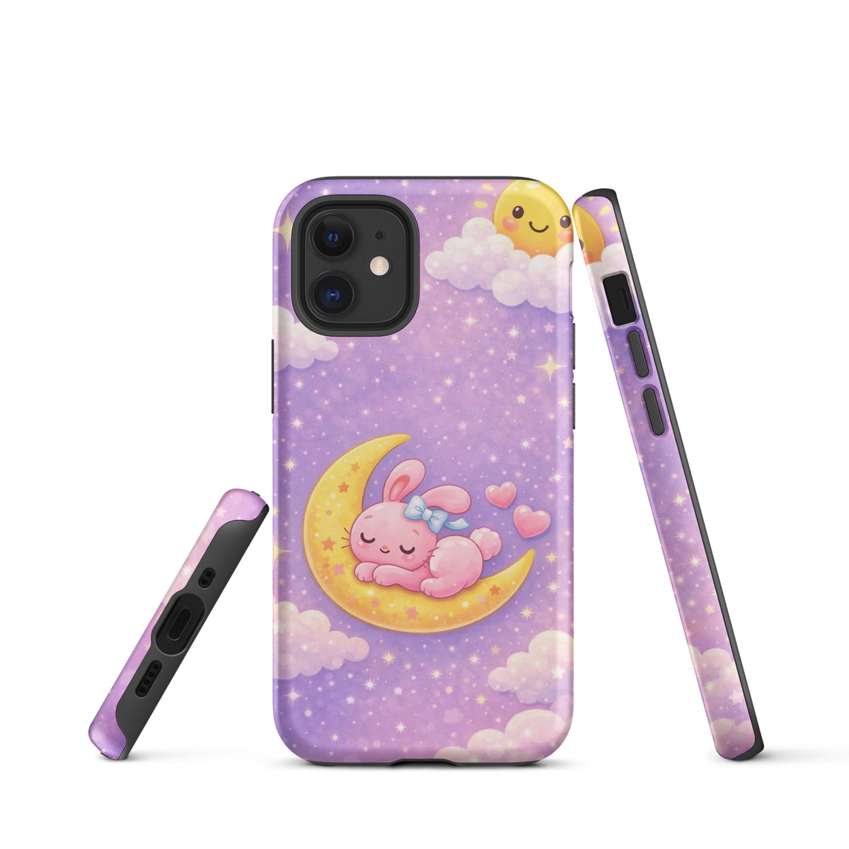 Phone Case with dreamy bunny moon design, featuring a pink bunny on a crescent moon among stars, perfect for iPhone protection and charm.