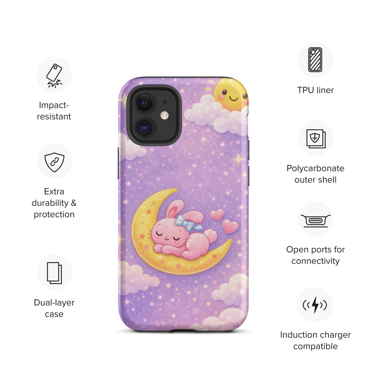 Phone Case with cute bunny on crescent moon, dreamy pastel night sky design for iPhone, extra durable and charming, keyword: Phone Case