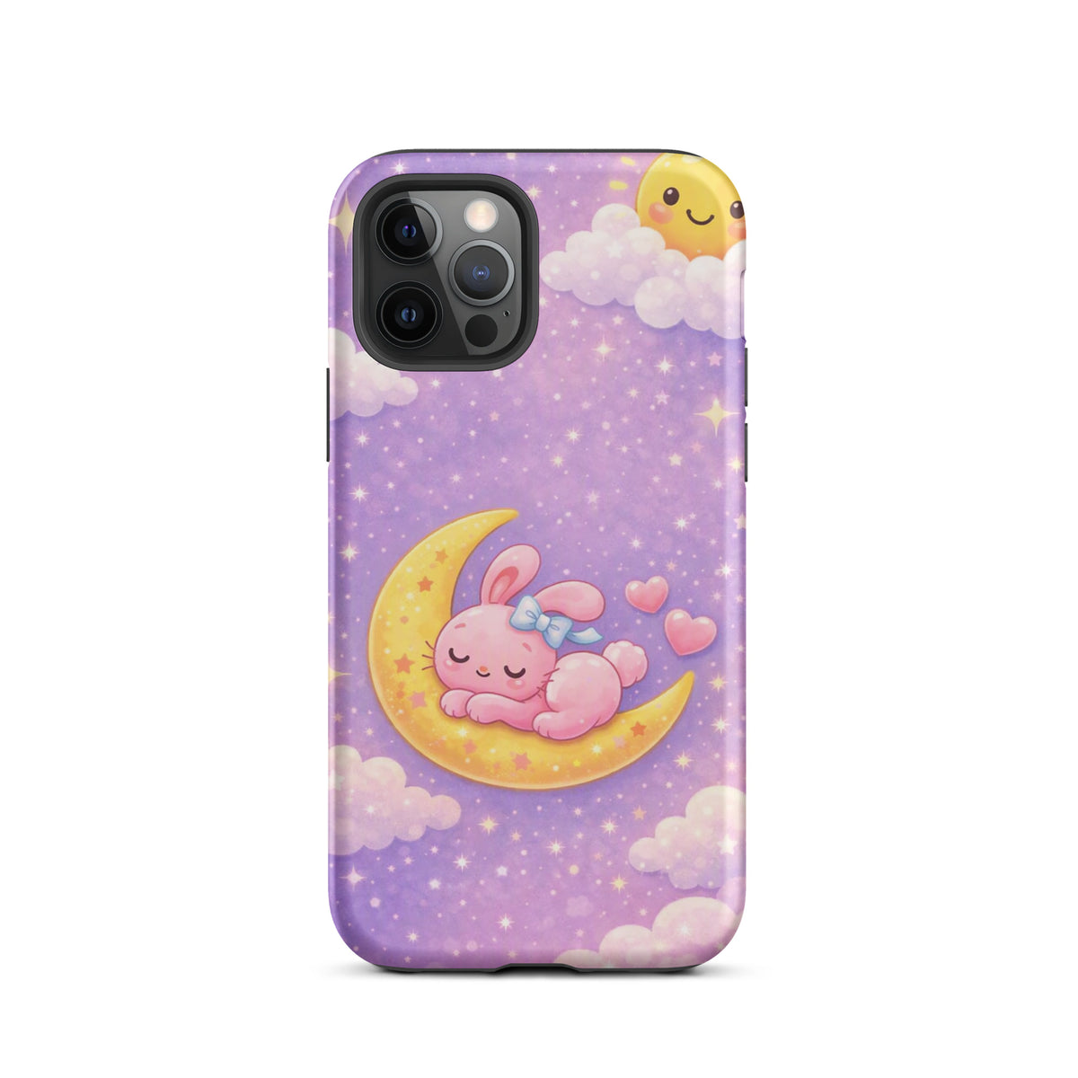 Phone Case for iPhone with dreamy bunny moon design featuring a sleeping pink bunny on a crescent moon amid stars.