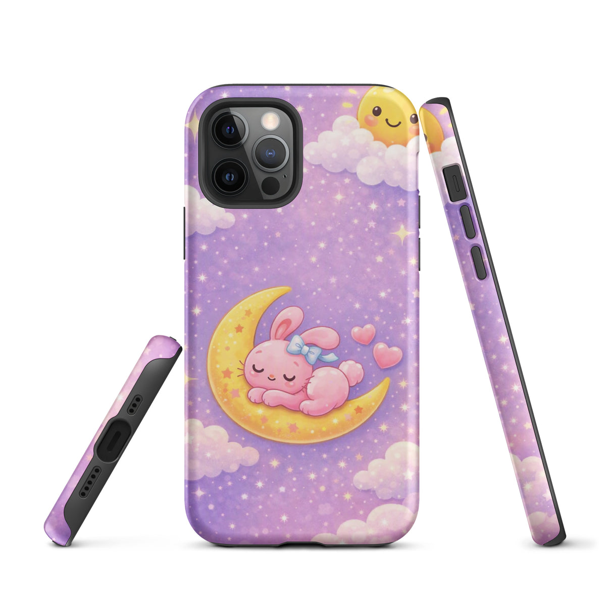 Phone Case for iPhone with dreamy bunny moon design and pastel stars, perfect for soft artwork lovers. Cozy and durable protection.