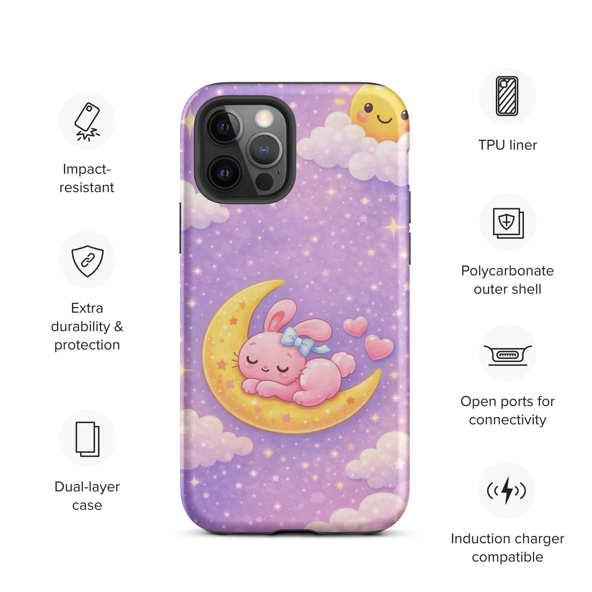 Phone Case for iPhone with Cute Bunny Moon Design, featuring a pink bunny on crescent moon with stars, perfect for charm and protection.