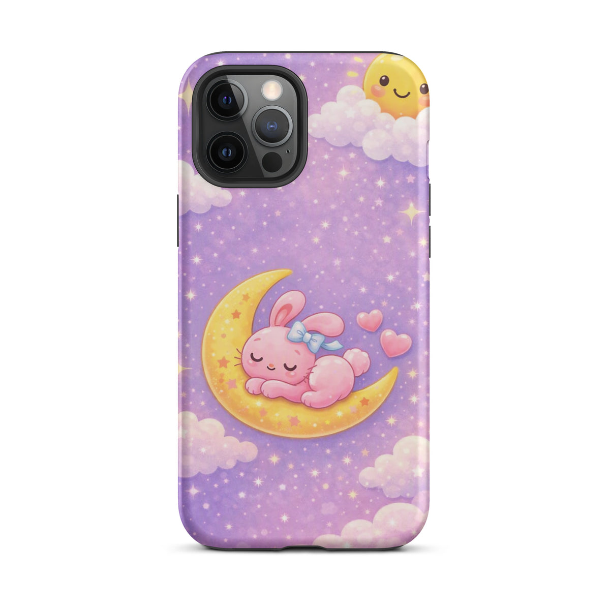 Phone Case for iPhone with cute bunny on crescent moon design, pastel nighttime sky, soft pink bunny, dreamy celestial theme.