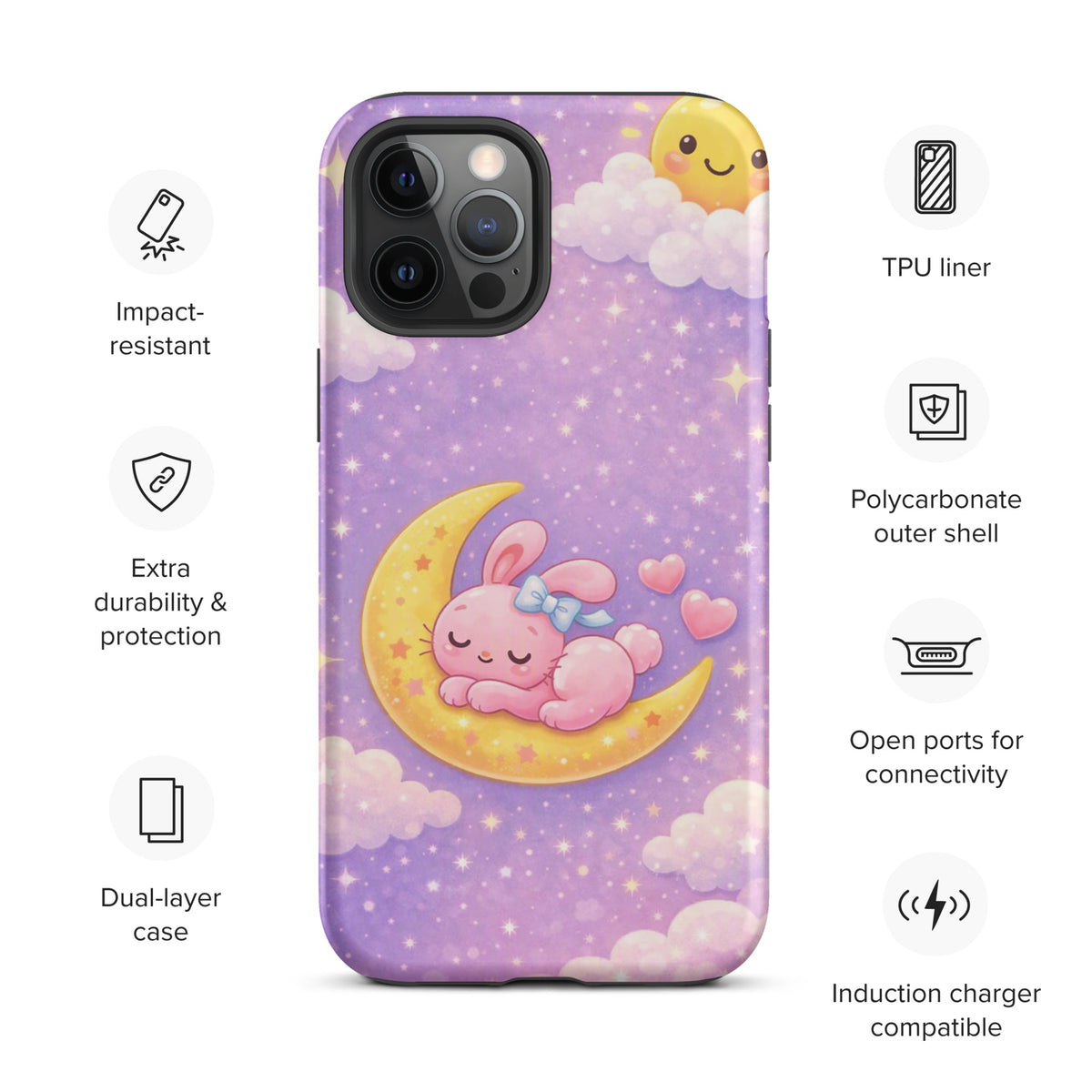 Phone Case with dreamy bunny moon design in pastel colors for iPhone, featuring a cute bunny on a crescent moon amidst stars.