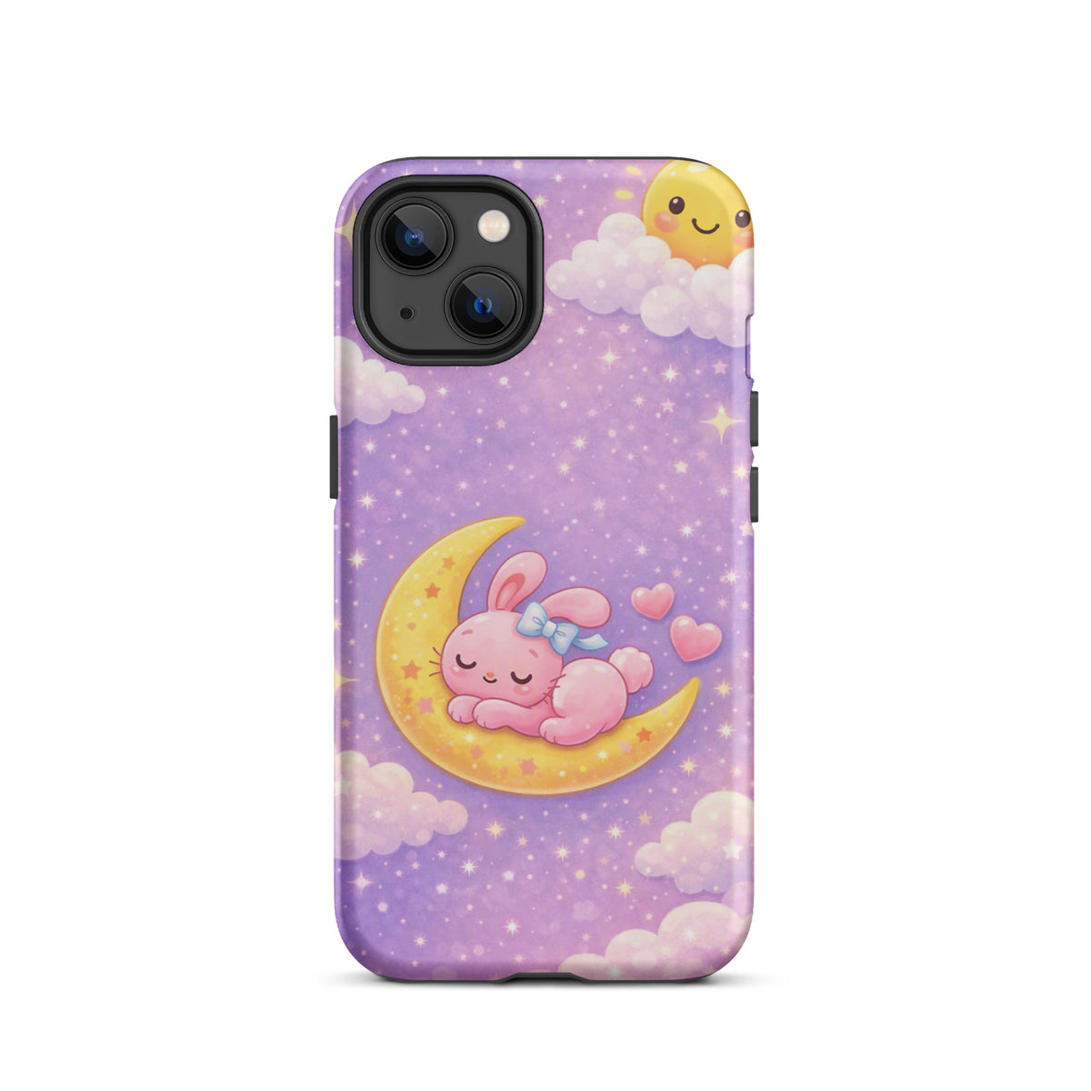 Phone Case for iPhone with cute dreamy bunny on moon design, pastel colors, cozy celestial theme.