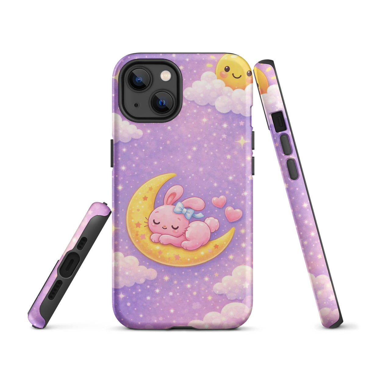 Phone Case for iPhone featuring dreamy bunny moon design with celestial stars and pastel sky, perfect for cozy protection.