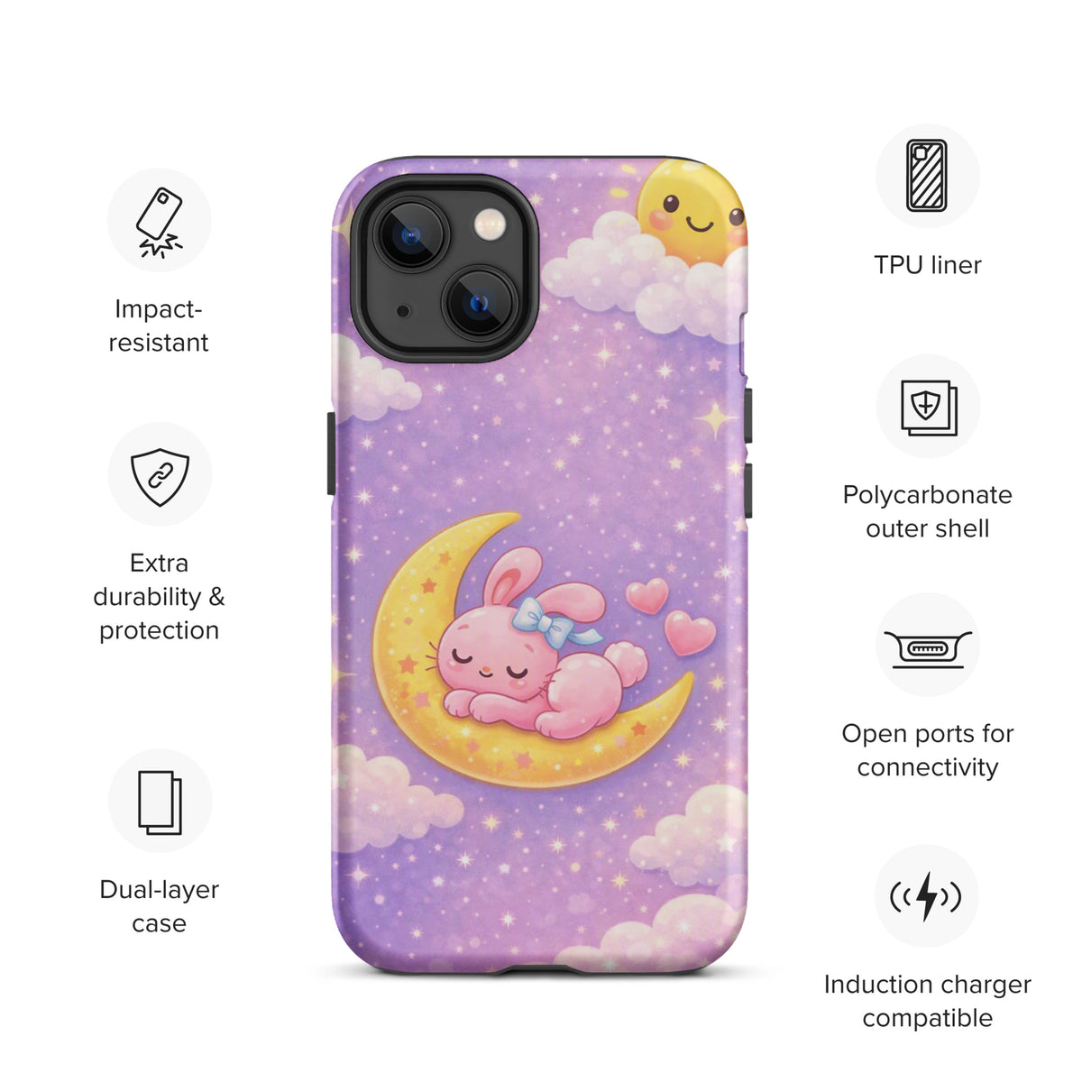 Phone Case for iPhone featuring a dreamy bunny on a crescent moon with pastel stars, highlighting durability and charm.