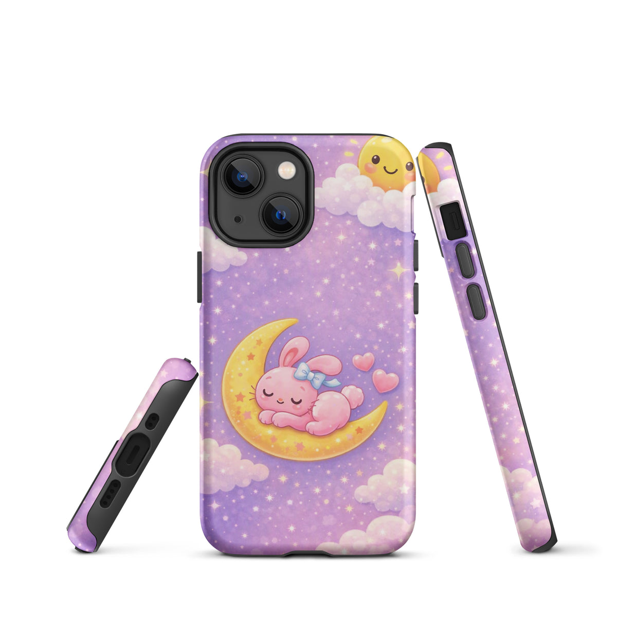 Phone Case for iPhone with cute bunny on crescent moon design, celestial theme, dreamy pastel colors, protective and charming.