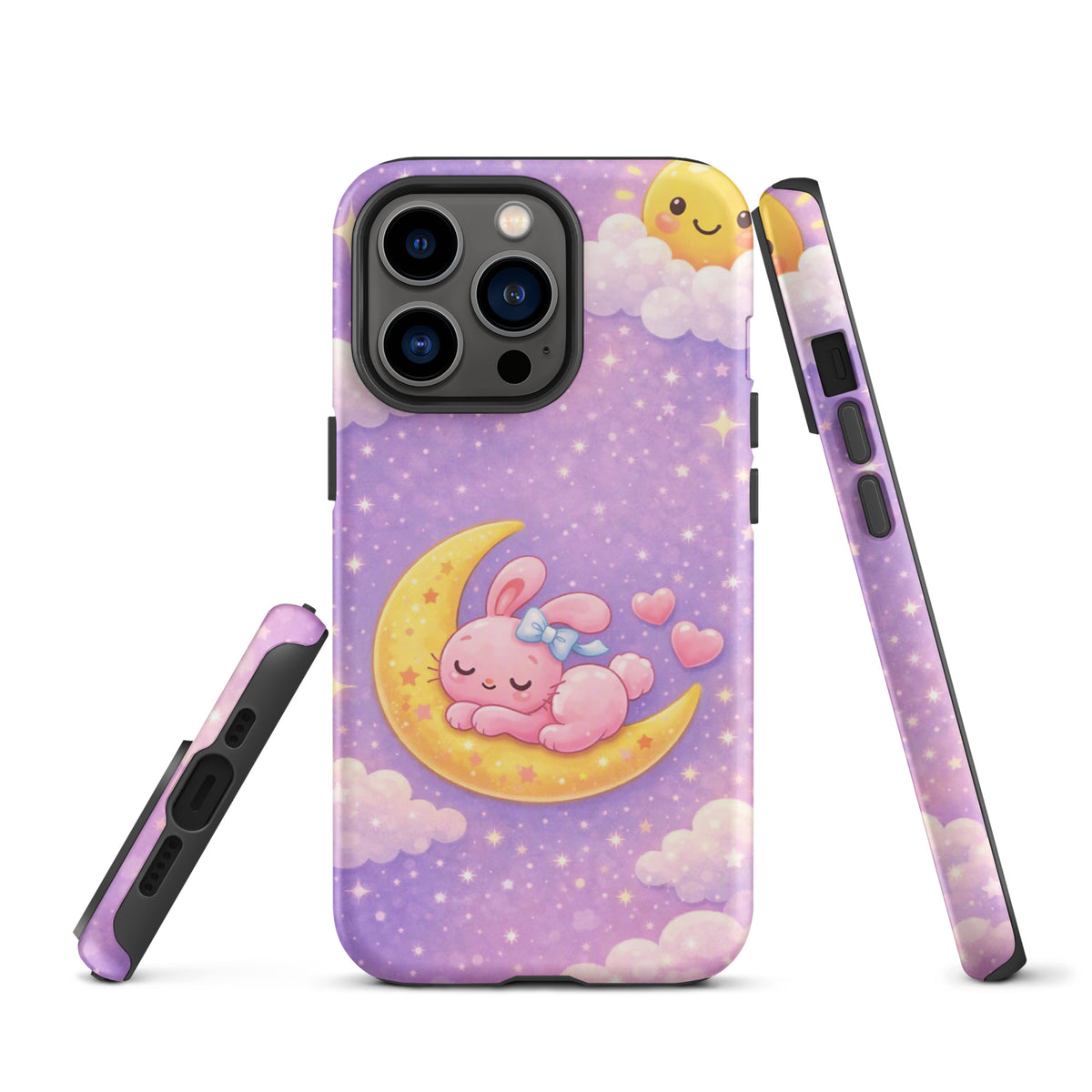 Phone Case for iPhone with cute bunny sleeping on a moon design, featuring pastel stars and clouds for a dreamy celestial look.
