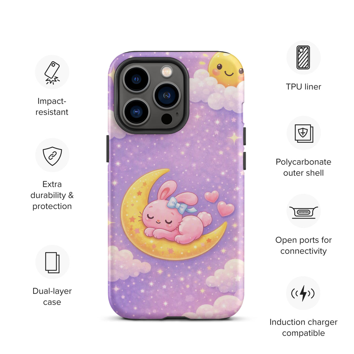 Phone Case with cozy bunny moon design on purple starry background for iPhone with durable impact-resistant features.