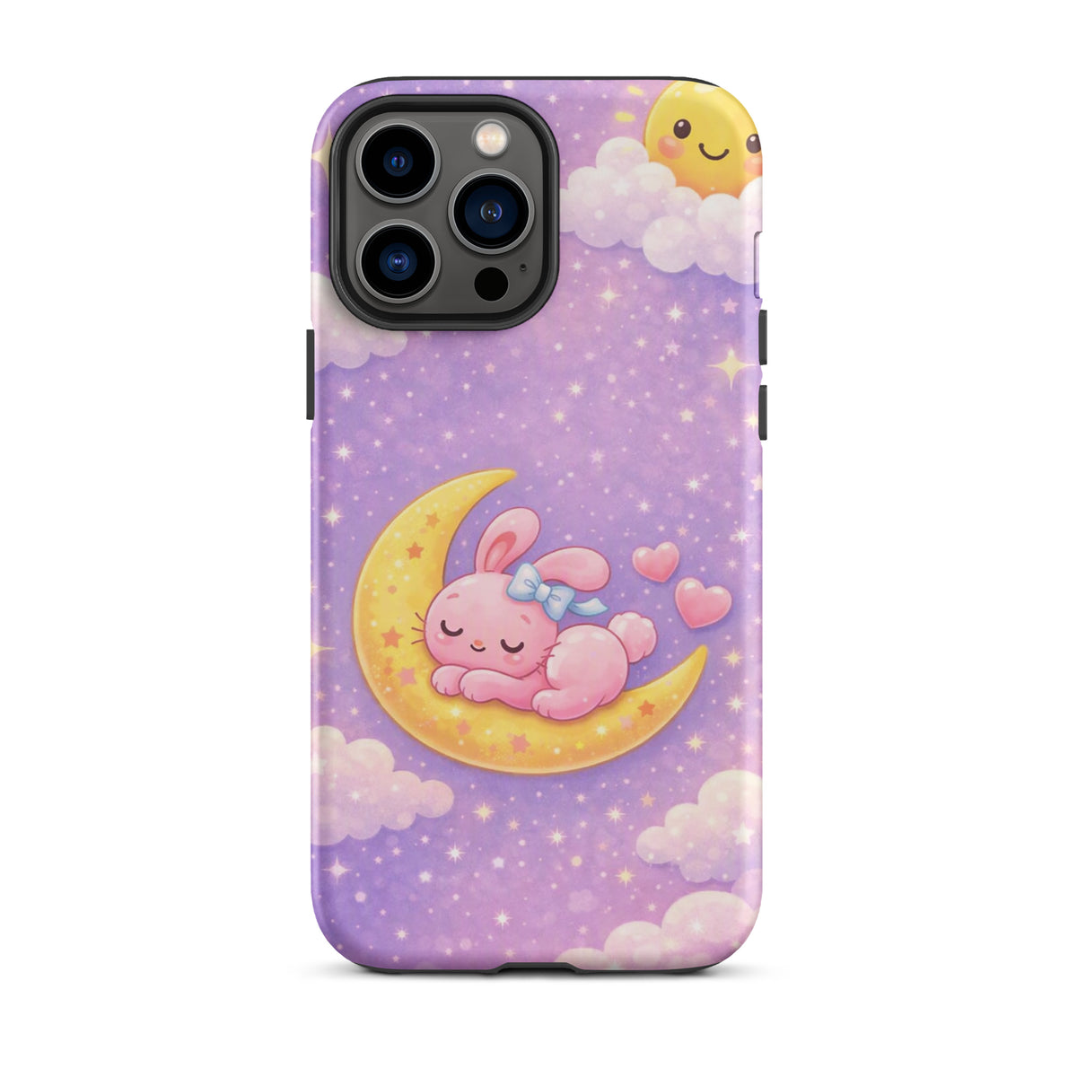 Phone Case for iPhone with cute bunny sleeping on crescent moon, surrounded by stars, in a dreamy celestial design.