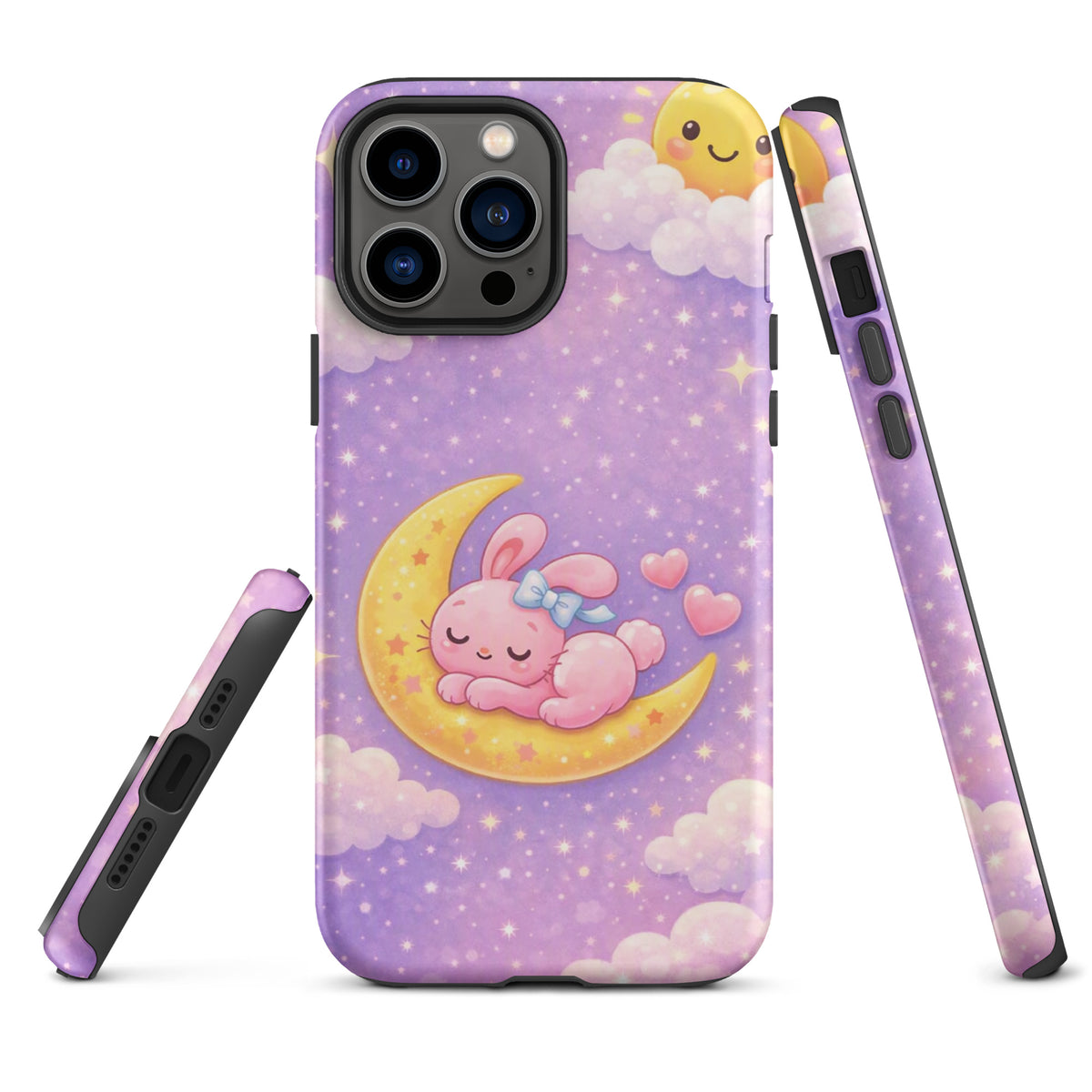 Phone Case for iPhone with cute bunny on crescent moon in pastel sky, designed for charm, comfort, durability, and personal style.