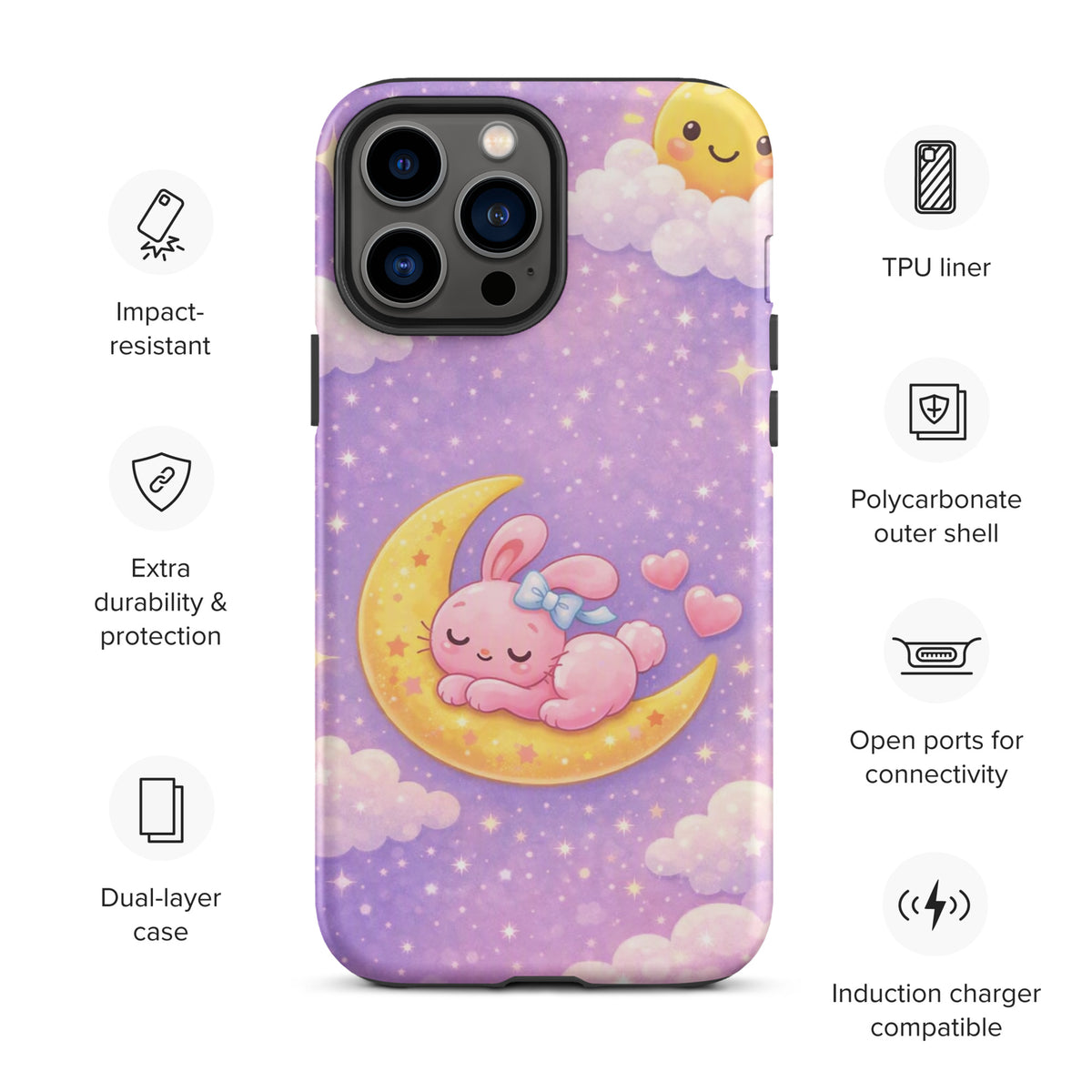 Phone Case for iPhone with dreamy bunny on a crescent moon, pastel sky, and stars design, featuring impact-resistant polycarbonate shell.