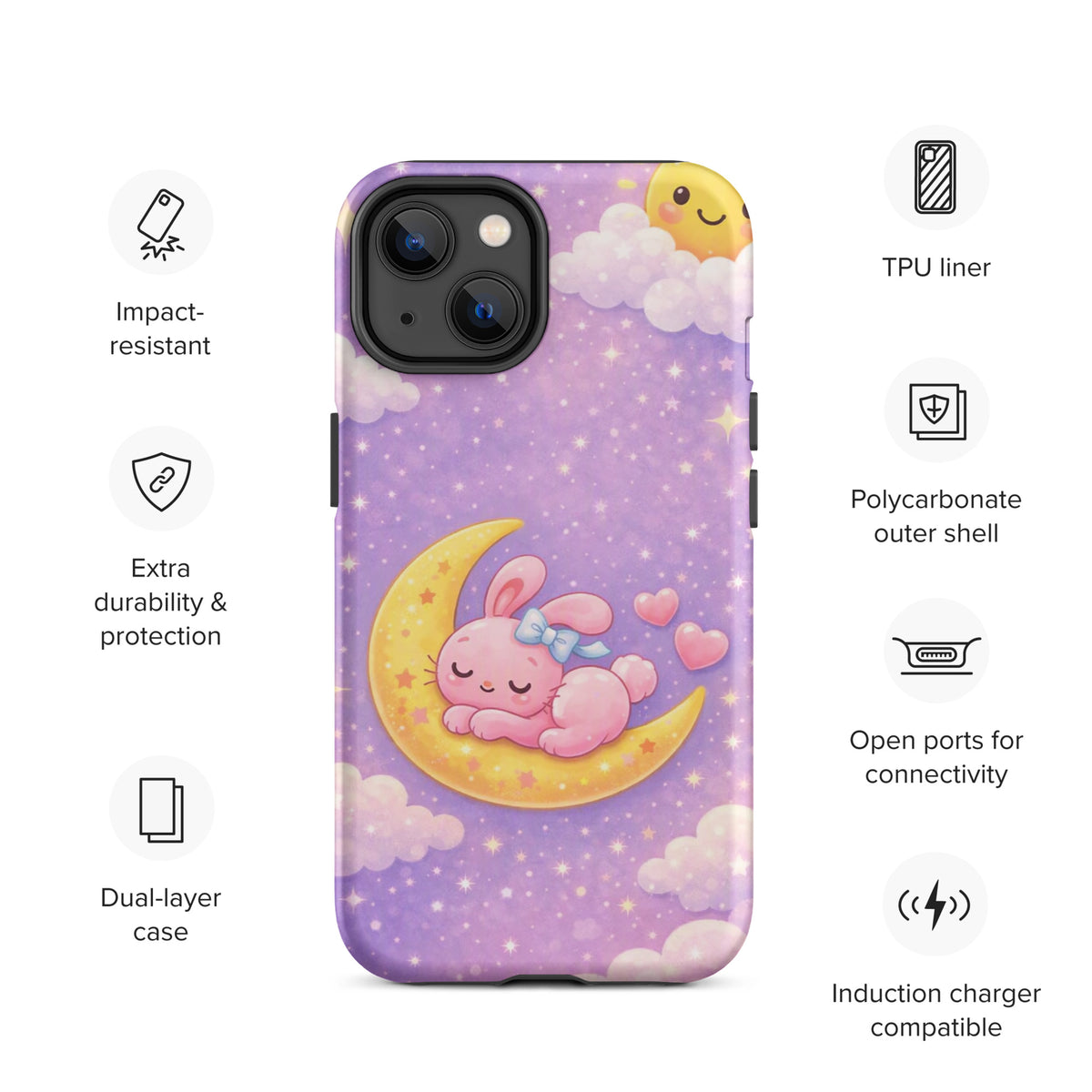 Phone Case with dreamy bunny moon design, pastel colors, featuring a cute sleeping pink rabbit on a crescent moon with twinkling stars.