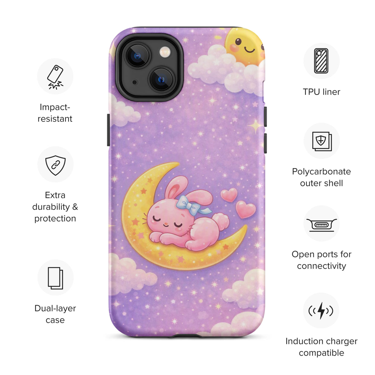 Phone Case with dreamy bunny on crescent moon design, offering charm and durability for iPhone lovers.