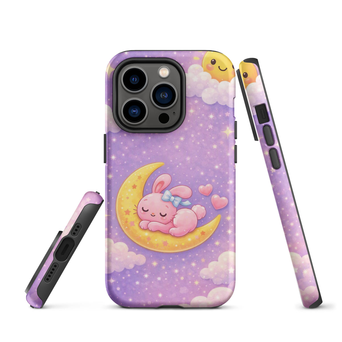 Phone Case with dreamy bunny moon design for iPhone, featuring a pink bunny on a crescent moon with stars on a purple background.