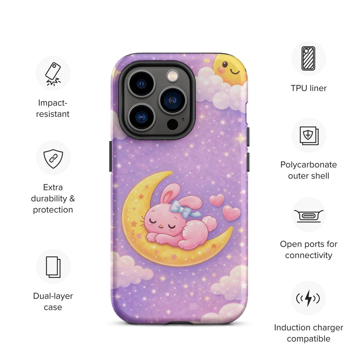 Phone Case for iPhone with cute bunny on crescent moon design, pastel night sky, stars; impact-resistant, dual-layer protection.