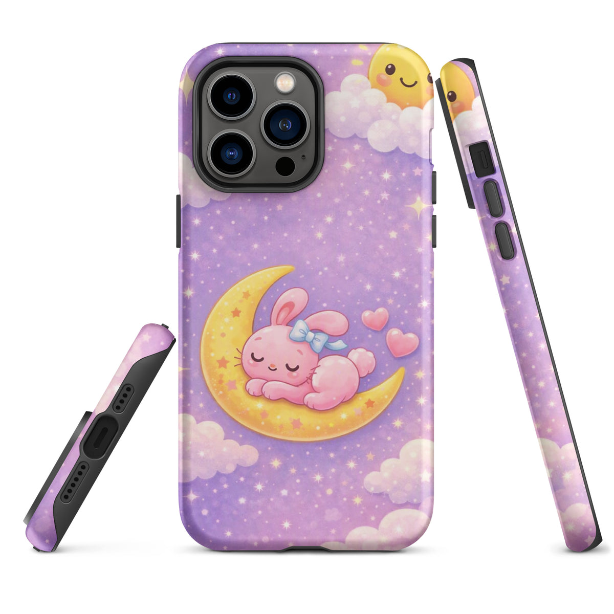 Phone Case for iPhone with cute dreamy bunny on crescent moon design, pastel sky, stars, cozy and durable for device protection.