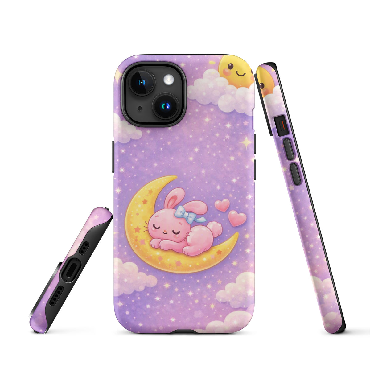 Phone Case for iPhone with cute bunny sleeping on a moon design, pastel sky background, stars and clouds, emphasizing cozy dreamy vibe.