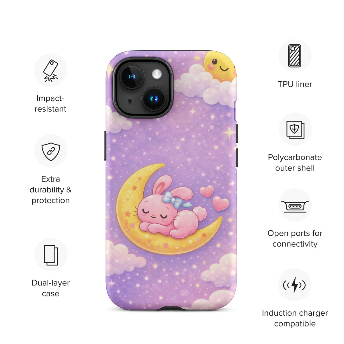 Phone Case for iPhone with dreamy bunny moon design featuring pastel sky and stars, impact-resistant and durable.