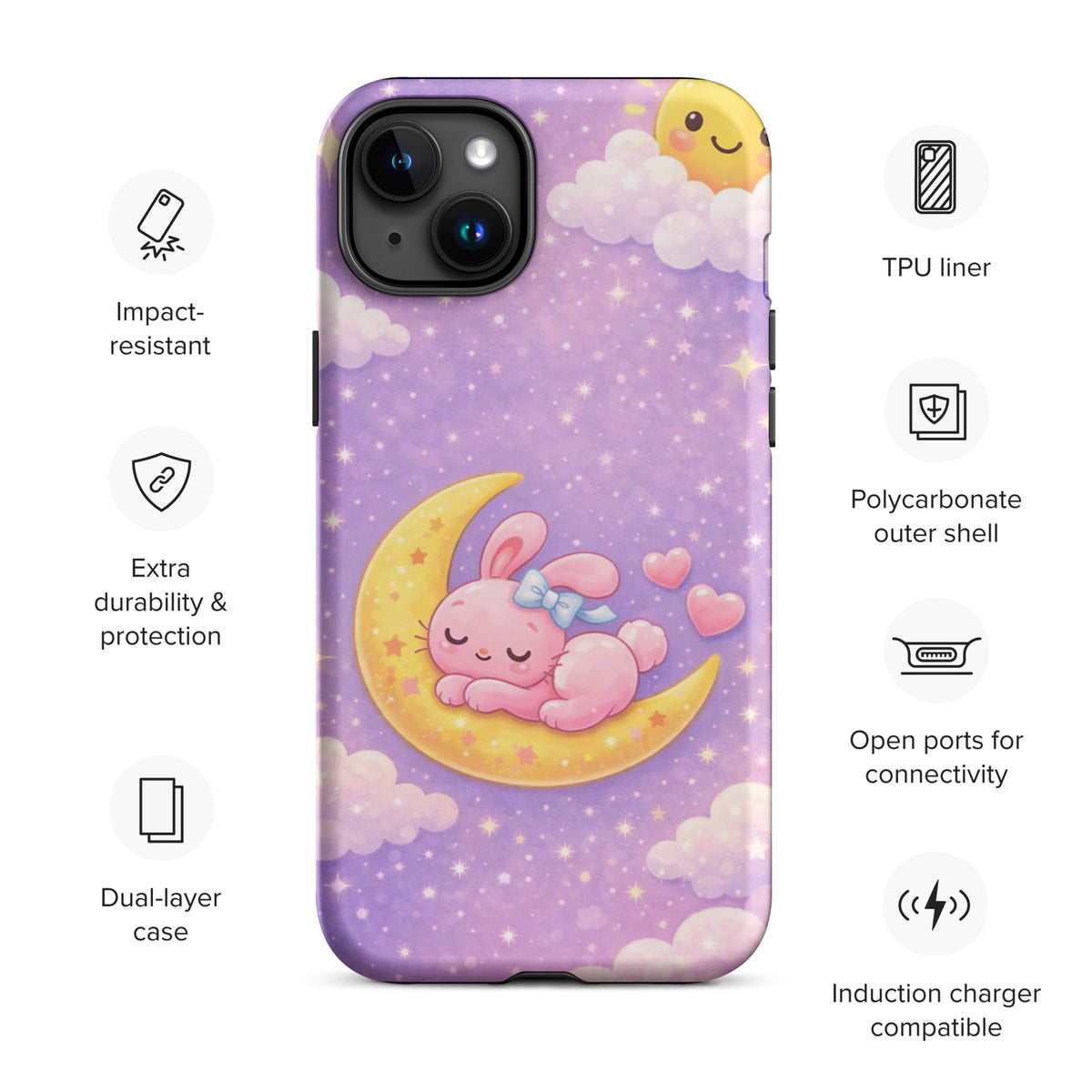 Phone Case for iPhone with cute bunny design sleeping on a crescent moon, surrounded by stars, offering extra durability and protection.