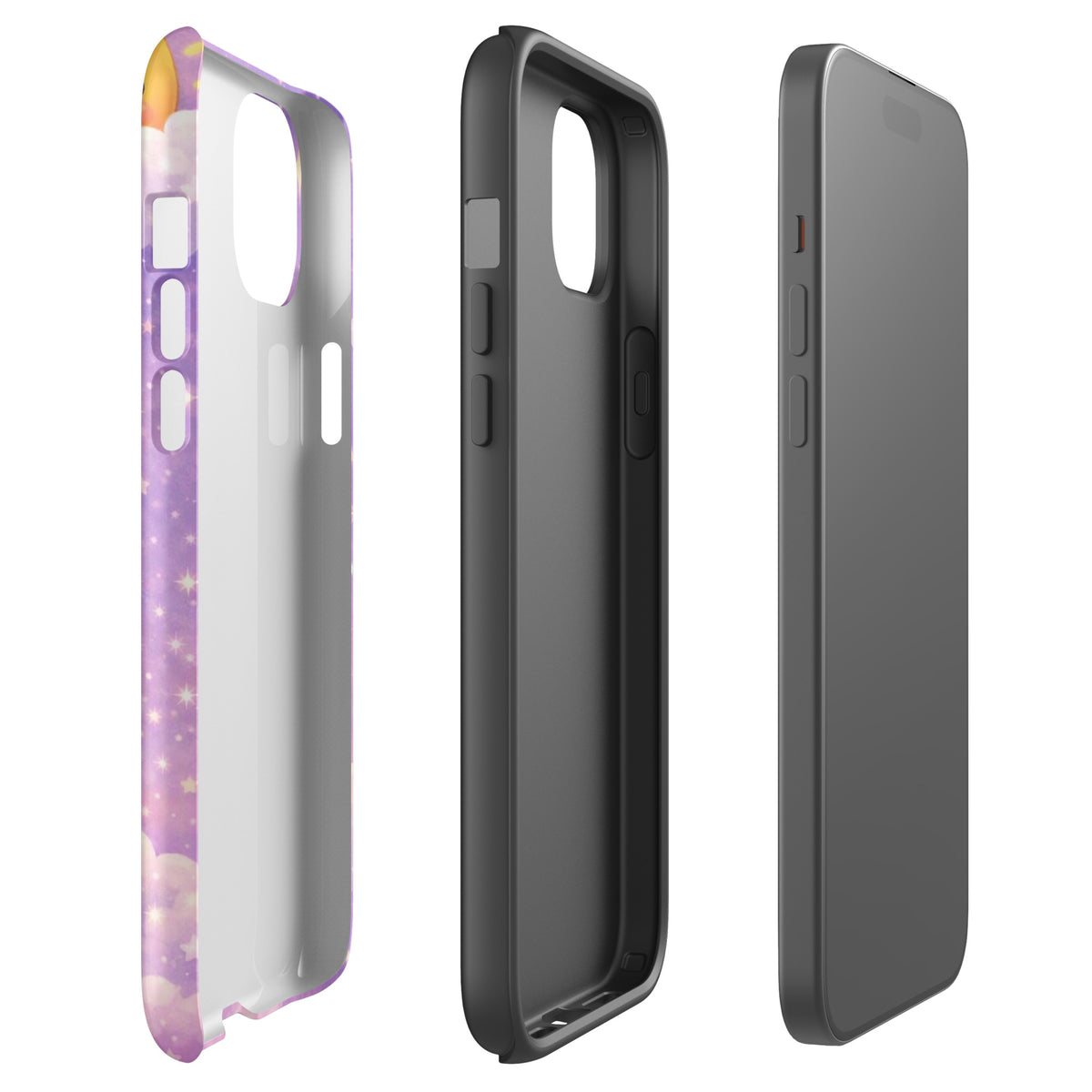 Phone Case for iPhone featuring cozy dreamy bunny moon design with stars, showcasing charm and durability, back and side views shown.