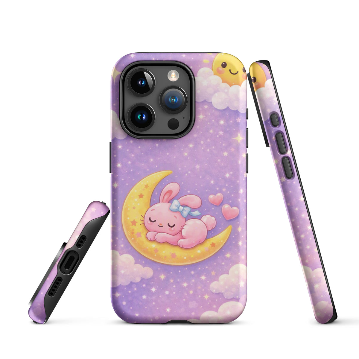 Phone Case for iPhone with cute dreamy bunny moon design, featuring a pink bunny on a crescent moon in a starry sky.