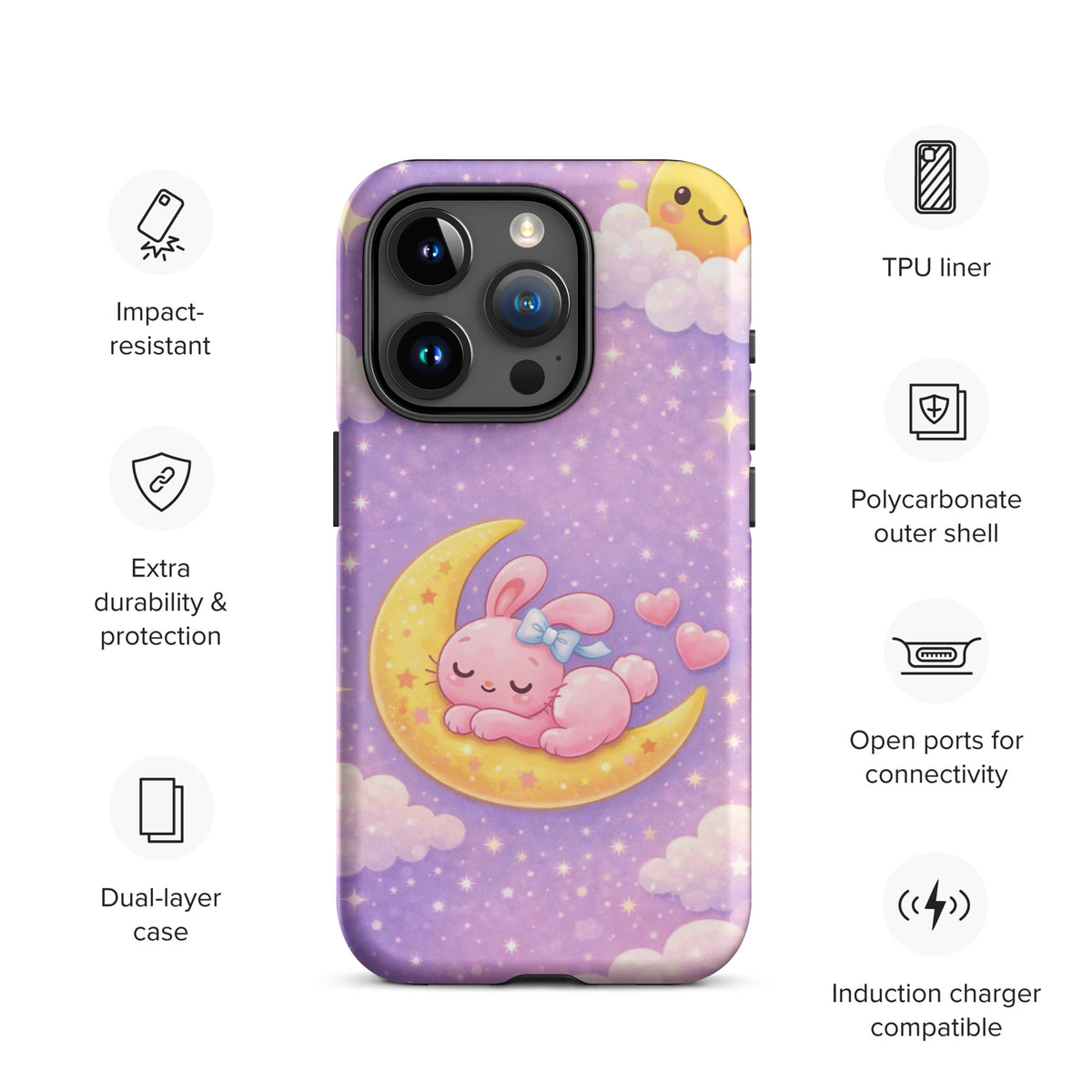 Phone Case with cute bunny sleeping on crescent moon design for iPhone, features dreamy celestial theme, durable and protective cover.