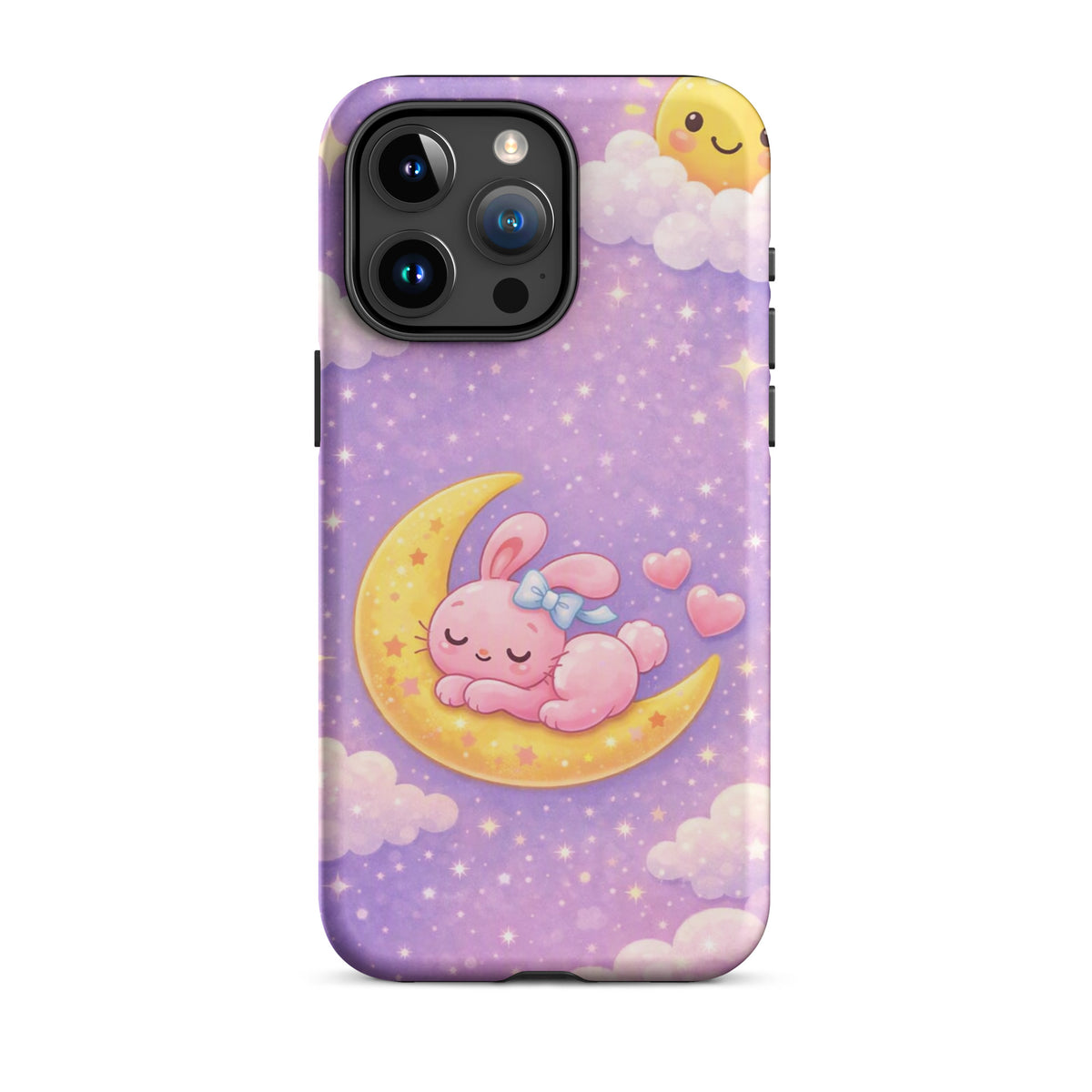 Phone Case with cute bunny on crescent moon design, featuring a pastel nighttime sky and stars. Protective and charming for iPhone.