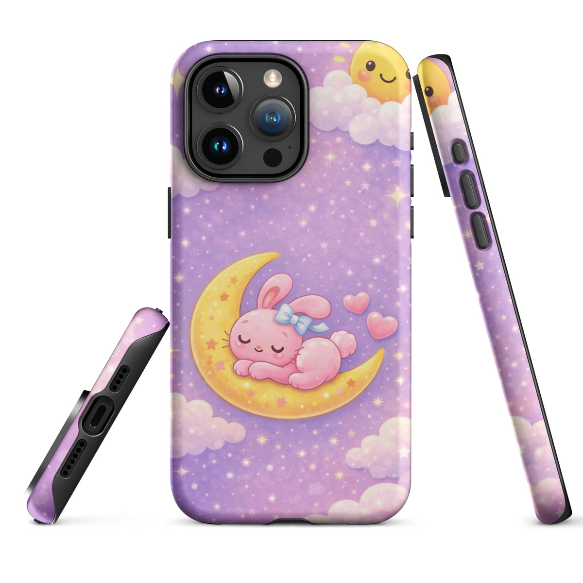 Phone Case for iPhone with dreamy pastel bunny moon design on a starry purple sky background.