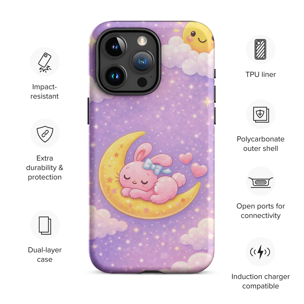 Phone Case featuring cute pink bunny sleeping on a crescent moon with stars and clouds, designed for iPhone, offering charm and protection.