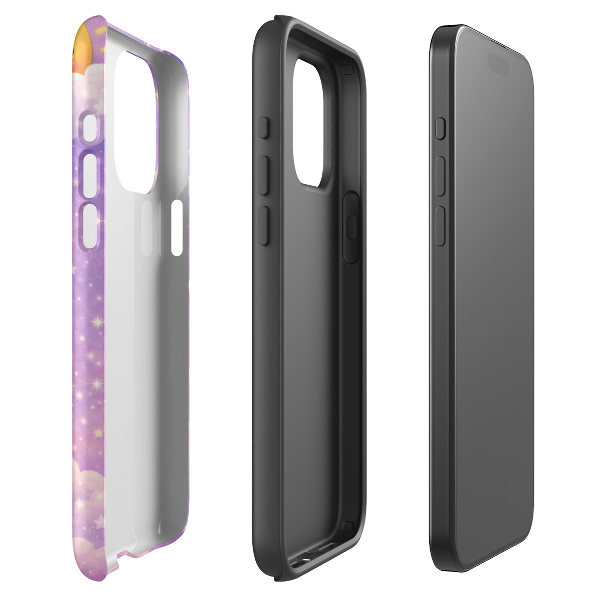 Phone Case for iPhone with cozy dreamy bunny moon design, featuring celestial pastel sky, stars, and crescent moon, side view.