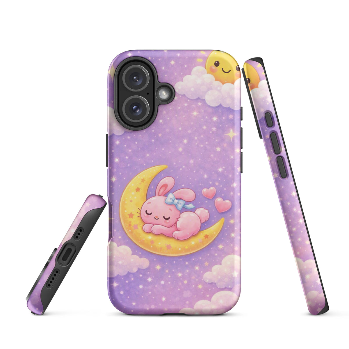 Phone Case for iPhone with cute pink bunny on crescent moon design, cozy and dreamy celestial theme featuring stars and purple sky.