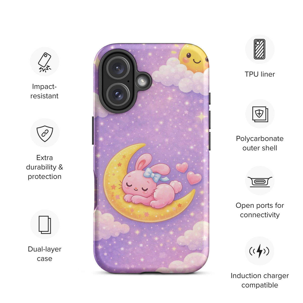 Phone Case for iPhone with cute celestial bunny moon design, dreamy pastel colors, perfect for protection and style.