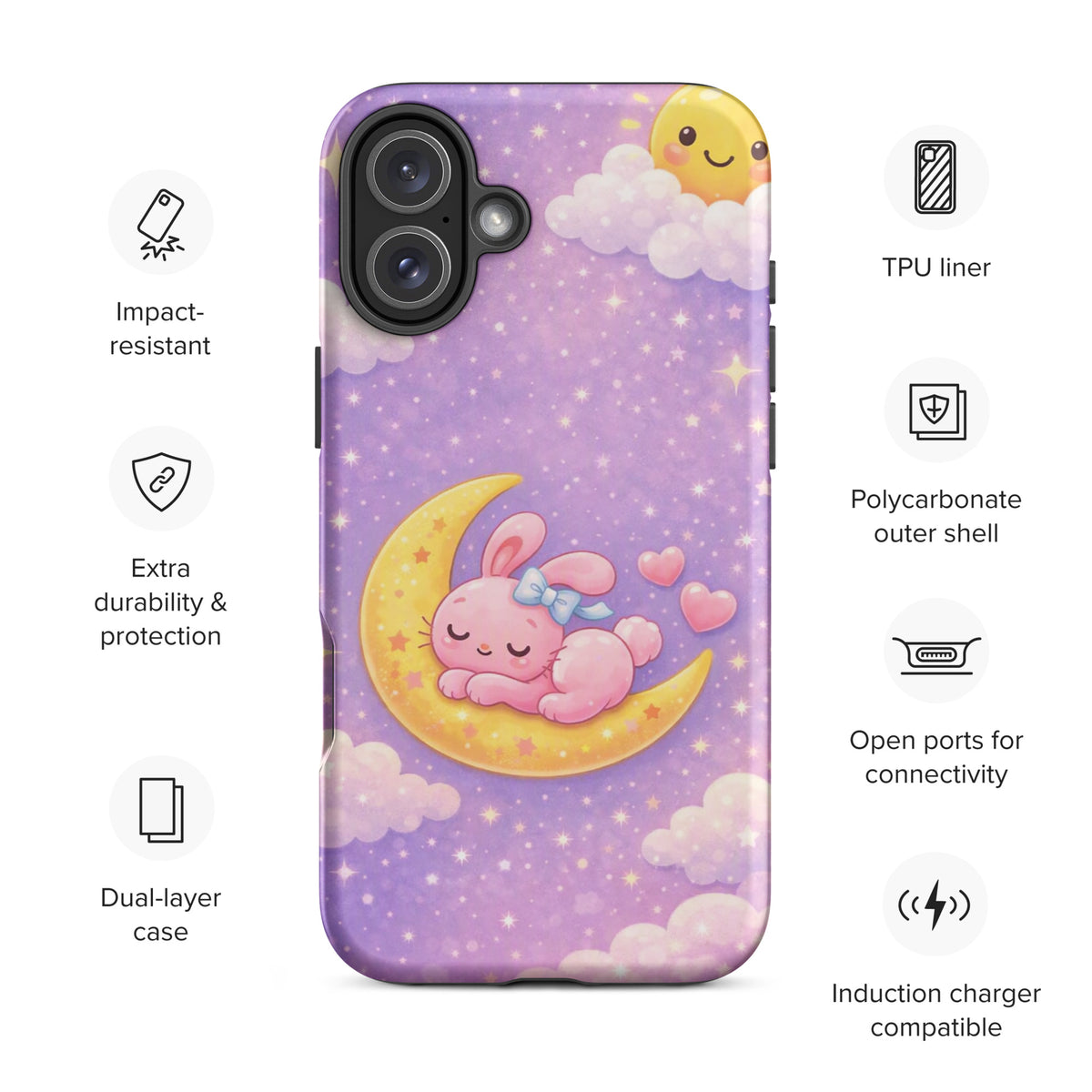 Phone Case for iPhone with cute bunny moon design and starry sky, showcasing impact-resistant features and dual-layer protection.