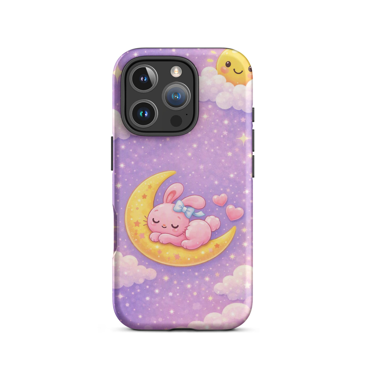 Phone Case featuring cute bunny on moon with stars and clouds, dreamy design with purple background.